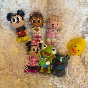 (6) Disney Bath Squeeze Toys and Hape Bath Temperature Rubber Duckie